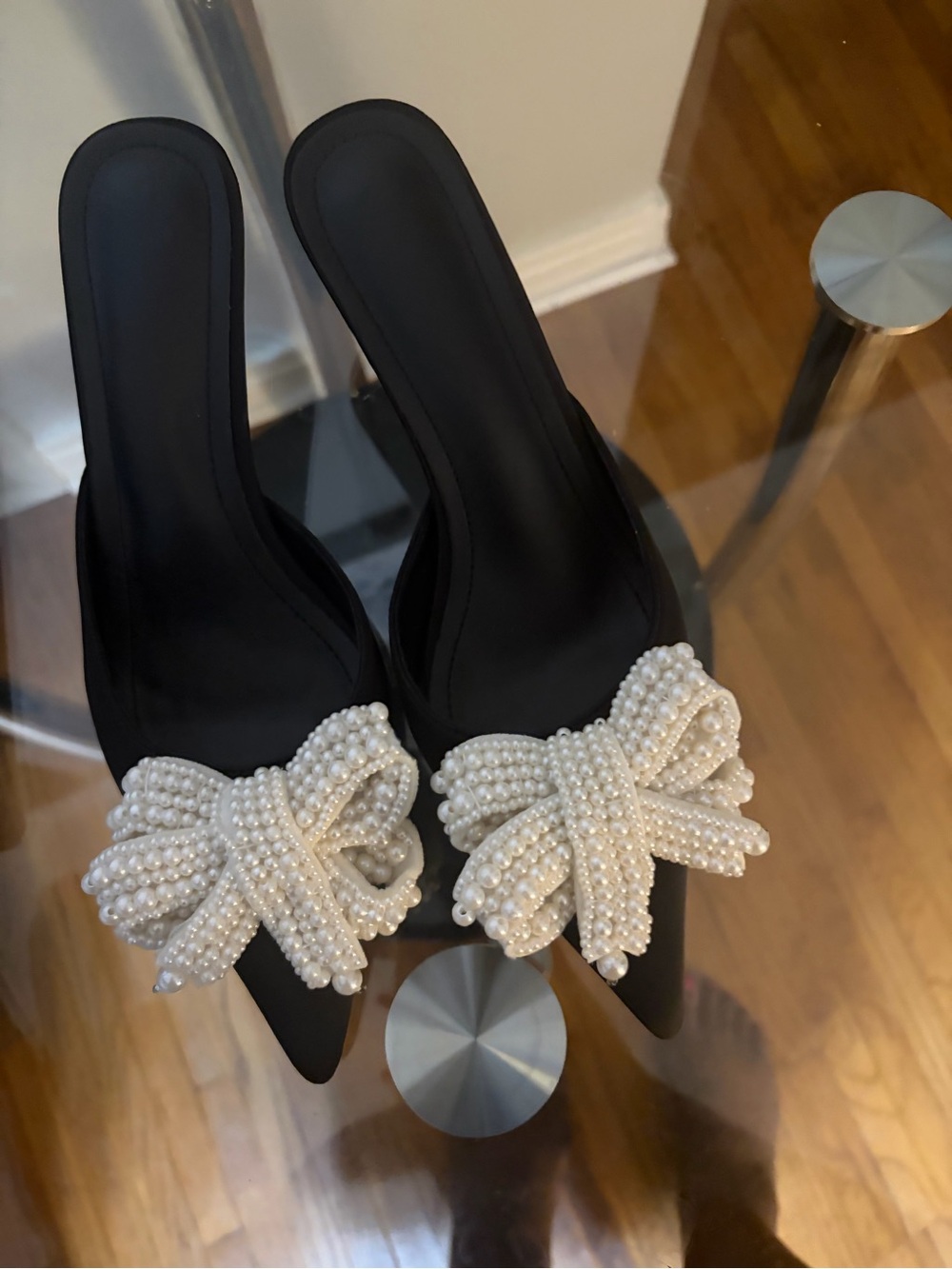 Fashion Nova Black Slip-On Mules with White Pearl Bow